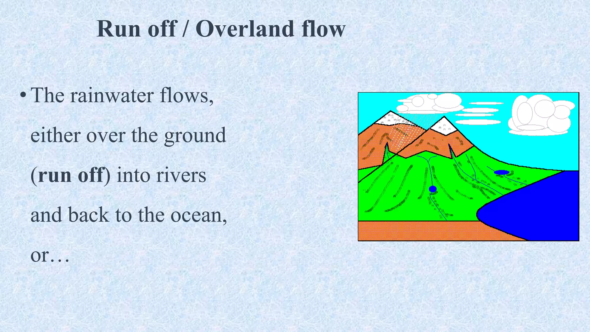 Run off / Overland flow
• The rainwater flows,
either over the ground
(run off) into rivers
and back to the ocean,
or…
 