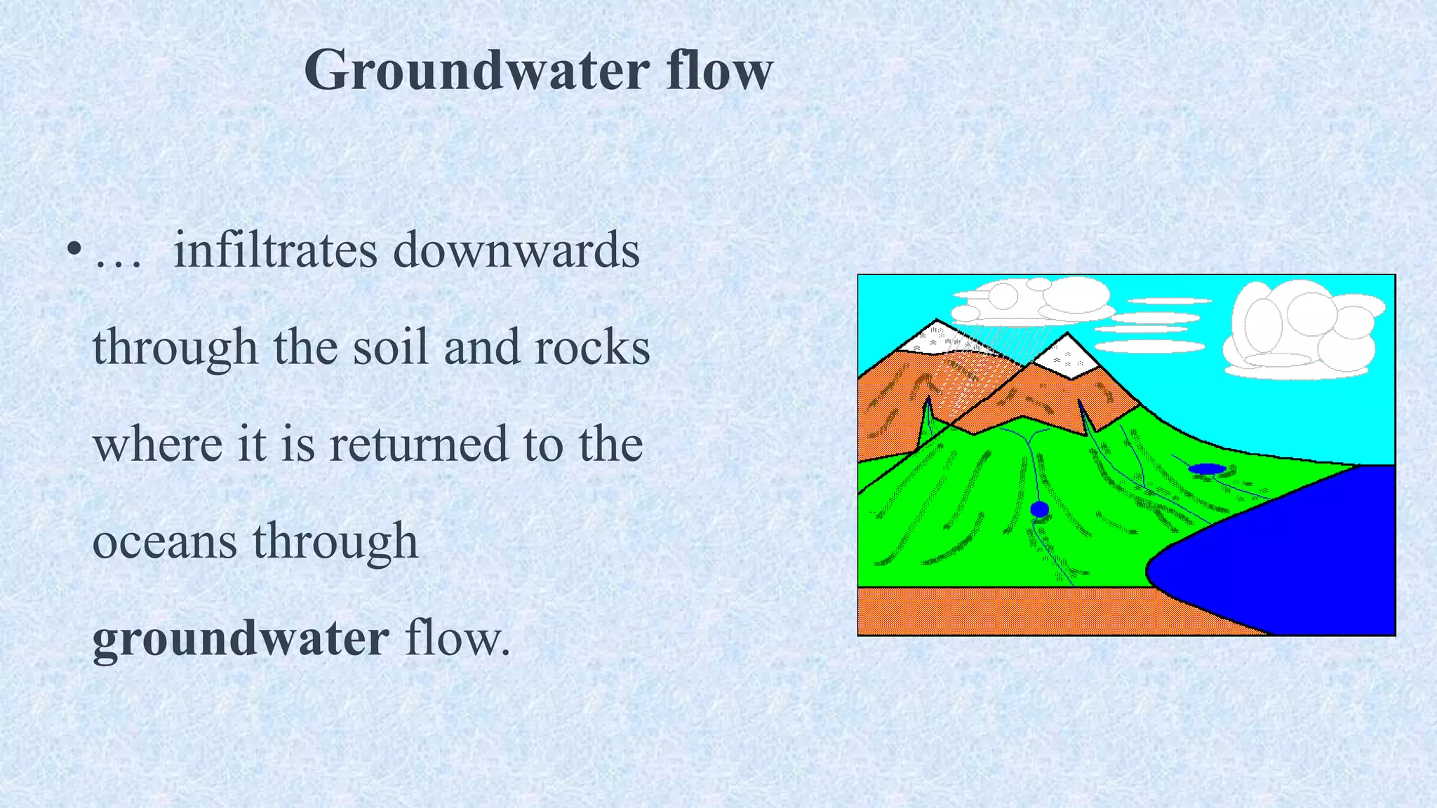Groundwater flow
•… infiltrates downwards
through the soil and rocks
where it is returned to the
oceans through
groundwater flow.
 