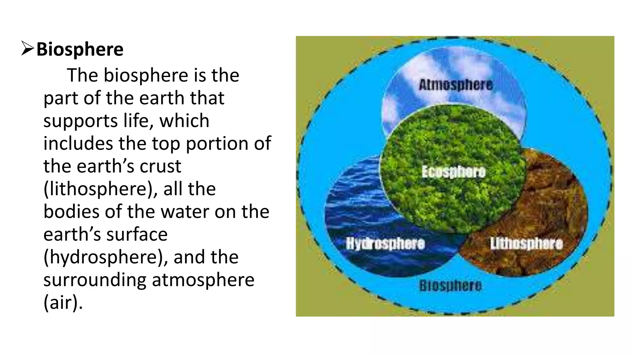 Biosphere
The biosphere is the
part of the earth that
supports life, which
includes the top portion of
the earth’s crust
(lithosphere), all the
bodies of the water on the
earth’s surface
(hydrosphere), and the
surrounding atmosphere
(air).
 