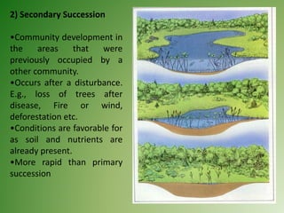 2) Secondary Succession
•Community development in
the areas that were
previously occupied by a
other community.
•Occurs after a disturbance.
E.g., loss of trees after
disease, Fire or wind,
deforestation etc.
•Conditions are favorable for
as soil and nutrients are
already present.
•More rapid than primary
succession
 