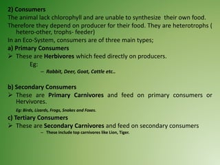 2) Consumers
The animal lack chlorophyll and are unable to synthesize their own food.
Therefore they depend on producer for their food. They are heterotrophs (
hetero-other, trophs- feeder)
In an Eco-System, consumers are of three main types;
a) Primary Consumers
 These are Herbivores which feed directly on producers.
Eg:
– Rabbit, Deer, Goat, Cattle etc..
b) Secondary Consumers
 These are Primary Carnivores and feed on primary consumers or
Hervivores.
Eg: Birds, Lizards, Frogs, Snakes and Foxes.
c) Tertiary Consumers
 These are Secondary Carnivores and feed on secondary consumers
– These include top carnivores like Lion, Tiger.
 