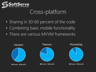 Cross-platform
• Sharing in 30-60 percent of the code
• Combining basic mobile functionality
• There are various MVVM frameworks

    Xamarin                 Titanium           PhomeGap




   Shared   Specific       Shared   Specific   Shared   Specific
 
