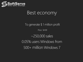 Best economy

 To generate $ 1 million profit
            Price: $4.99


     ~250,000 sales
0.05% users Windows from
 500+              Windows 7
 