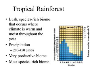 Tropical Rainforest
• Lush, species-rich biome
that occurs where
climate is warm and
moist throughout the
year
• Precipitation
– 200-450 cm/yr
• Very productive biome
• Most species-rich biome
 