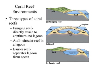 Coral Reef
Environments
• Three types of coral
reefs
– Fringing reef-
directly attach to
continent- no lagoon
– Atoll- circular reef in
a lagoon
– Barrier reef-
separates lagoon
from ocean
 