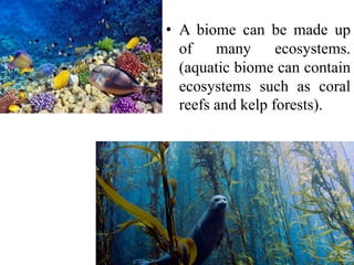 • A biome can be made up
of many ecosystems.
(aquatic biome can contain
ecosystems such as coral
reefs and kelp forests).
 