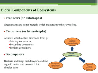 Biotic Components of Ecosystems
• Producers (or autotrophs)
Green plants and some bacteria which manufacture their own food.
• Consumers (or heterotrophs)
Animals which obtain their food from producers
•Primary consumers
•Secondary consumers
•Tertiary consumers
• Decomposers
Bacteria and fungi that decompose dead
organic matter and convert it into
simpler parts
 