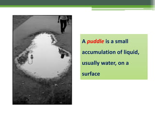 A puddle is a small
accumulation of liquid,
usually water, on a
surface
puddle
 