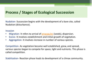 Nudation- Succession begins with the development of a bare site, called
Nudation (disturbance).
Invasion
• Migration- It refers to arrival of propagules (seeds), dispersion.
• Ecesis- It involves establishment and initial growth of vegetation.
• Aggregation- It involves increase in number of various species.
Competition- As vegetation became well established, grew, and spread,
various species began to compete for space, light and nutrients. This phase is
called competition.
Stabilization- Reaction phase leads to development of a climax community.
Process / Stages of Ecological Succession
 