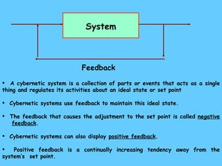 System Feedback A cybernetic system is a collection of parts or events that acts as a single thing and regulates its activities about an ideal state or set point Cybernetic systems use feedback to maintain this ideal state. The feedback that causes the adjustment to the set point is called  negative  feedback . Cybernetic systems can also display  positive feedback . Positive feedback is a continually increasing tendency away from the system’s  set point. 