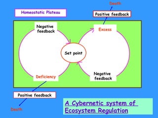Positive feedback Set point Negative  feedback Deficiency Excess Negative  feedback Death Positive feedback Death Homeostatic Plateau A Cybernetic system of  Ecosystem Regulation   