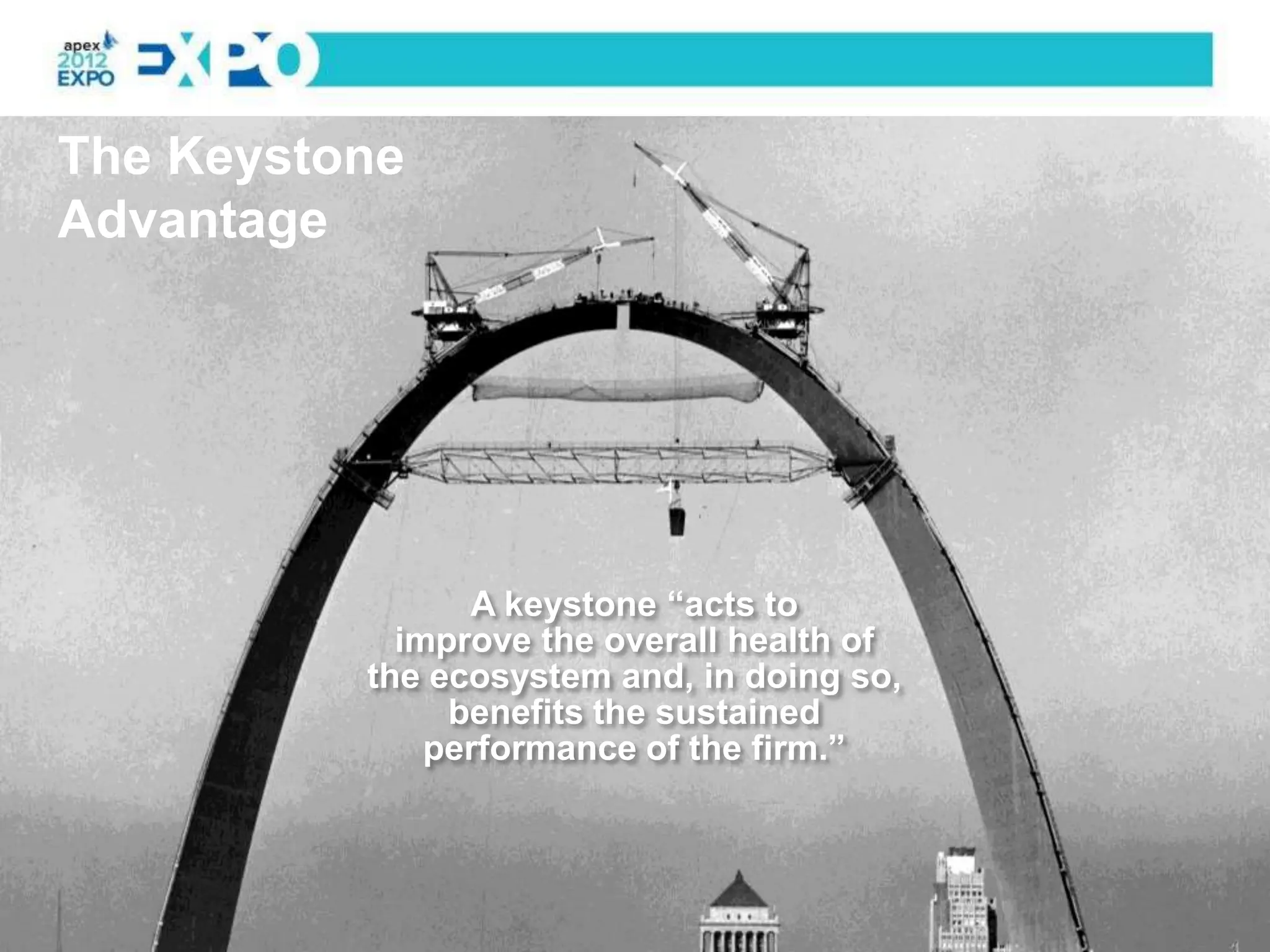 The Keystone
Advantage




                A keystone “acts to
            improve the overall health of
          the ecosystem and, in doing so,
               benefits the sustained
              performance of the firm.”
 