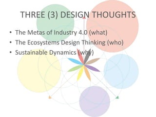 THREE (3) DESIGN THOUGHTS
• The Metas of Industry 4.0 (what)
• The Ecosystems Design Thinking (who)
• Sustainable Dynamics (why)
 