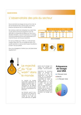 ECOSYSTEME




 L’observatoire des prix du secteur

 Dans le domaine du lavage sans eau et à la main, le
 prix est étroitement lié au temps passé, et le temps
 passé est étroitement lié à la qualité délivrée.
                                                                                       Lavage sans eau à la main catégorie "citadine"
 De nombreux clients (en entreprises) nous disent être
                                                                               Prix   Minimum         Maximum           Moyenne   Tendance
 un peu perdus par les prix proposés et avoir des
 difficultés à comprendre les différences. Nous avons              Intérieur            20                59              36         -
 décidés d’éclairer un peu le marché par un sondage                Extérieur            20                50              32         -
 sur les prix pratiqués par plus de 25 prestataires sur le         Complet              35                78              56         -
 marché français, dont les plus importants.
                                                                                             base sur 25 prestataires
 En voici la synthèse pour l’offre sur un véhicule type
 citadine (Type Clio). Ceci ne qualifie pas bien sur la
 qualité associée à un prix qui sera toujours trop élevé si
 le client n’est pas satisfait.

 Nous nous engageons à mettre à jour cet observatoire
 régulièrement.




                           Le marché                          parce que le lavage à la
                                                              maison est interdit pour

                           du “Car                            protéger l'environnement.

                                                              Aujourd'hui les nouveaux
                           wash” dans                         enjeux se trouvent en
                                                              Chine et en Inde qui

                           le monde                           représentent près de la
                                                              moitié de la population
                                                              mondiale et dont le parc
                                                              automobile ne cesse de
                           Le marché du lavage                croître    grâce    à    leur
                           automobile représente 24           développement. Il y a fort
                           milliards de dollars (dont 10      à parier, que ces deux
                           milliards pour les USA), et        marchés        constitueront,
                           dépassera les 28 milliards         dans un avenir proche une
                           en 2017. Ce marché peut            bonne partie du chiffre
                           être encore développé aux          d'affaires de ce secteur en
                           Etats-Unis.                        pleine expansion, marqué
                                                              ces dernières années par la
                           Les français, quant à eux,         révolution du lavage sans
                           ont recours à ce service en        eau.
                           moyenne 12 fois par an
                           contre 20 fois chez nos
                           voisins allemands, en partie
 