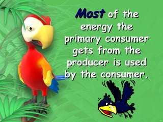 11
Most
Most of the
of the
energy the
energy the
primary consumer
primary consumer
gets from the
gets from the
producer is used
producer is used
by the consumer.
by the consumer.
 