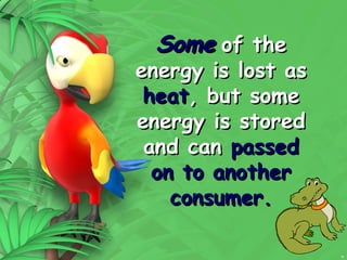 16
Some
Some of the
of the
energy is lost as
energy is lost as
heat
heat, but some
, but some
energy is stored
energy is stored
and can
and can passed
passed
on to another
on to another
consumer.
consumer.
 