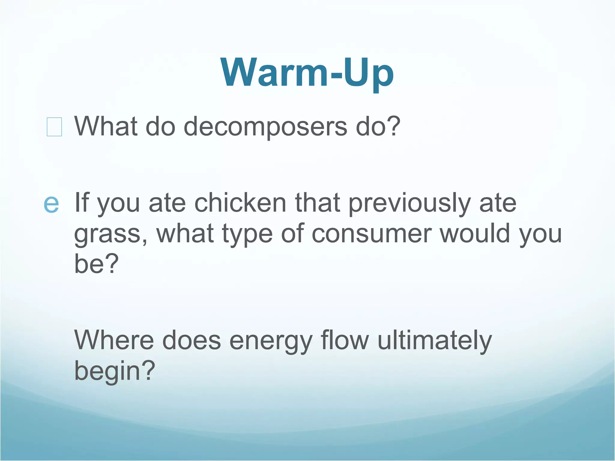 Warm-Up What do decomposers do? If you ate chicken that previously ate grass, what type of consumer would you be? Where does energy flow ultimately begin? 