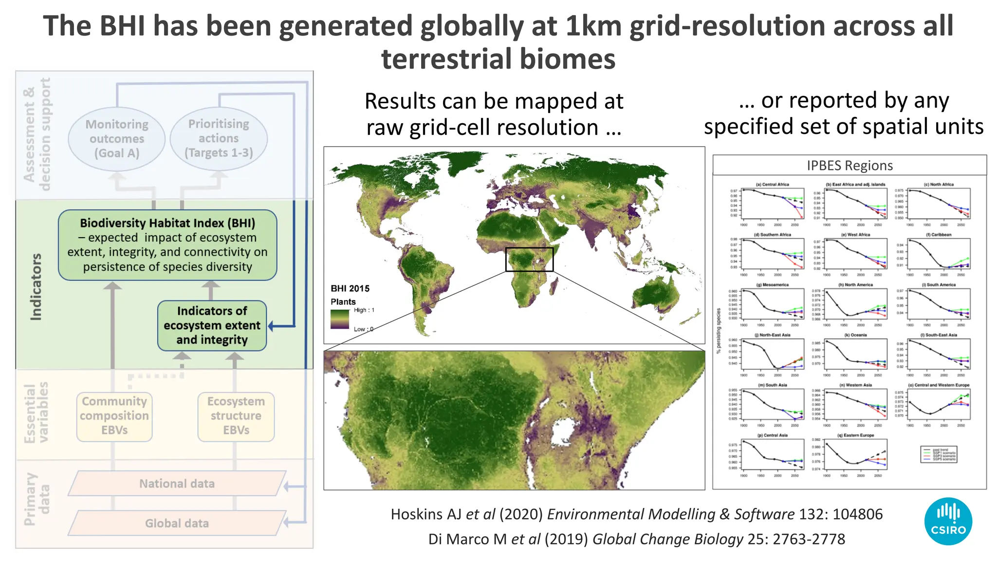 The BHI has been generated globally at 1km grid-resolution across all
terrestrial biomes
Hoskins AJ et al (2020) Environmental Modelling & Software 132: 104806
Di Marco M et al (2019) Global Change Biology 25: 2763-2778
IPBES Regions
Results can be mapped at
raw grid-cell resolution …
… or reported by any
specified set of spatial units
 
