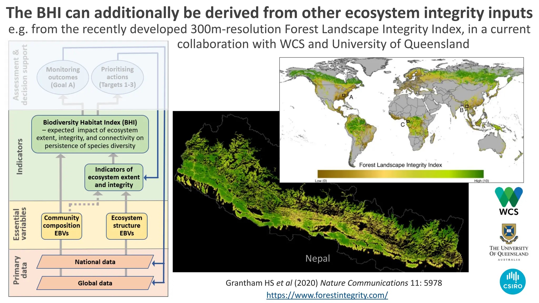 The BHI can additionally be derived from other ecosystem integrity inputs
e.g. from the recently developed 300m-resolution Forest Landscape Integrity Index, in a current
collaboration with WCS and University of Queensland
Grantham HS et al (2020) Nature Communications 11: 5978
https://www.forestintegrity.com/
Nepal
 