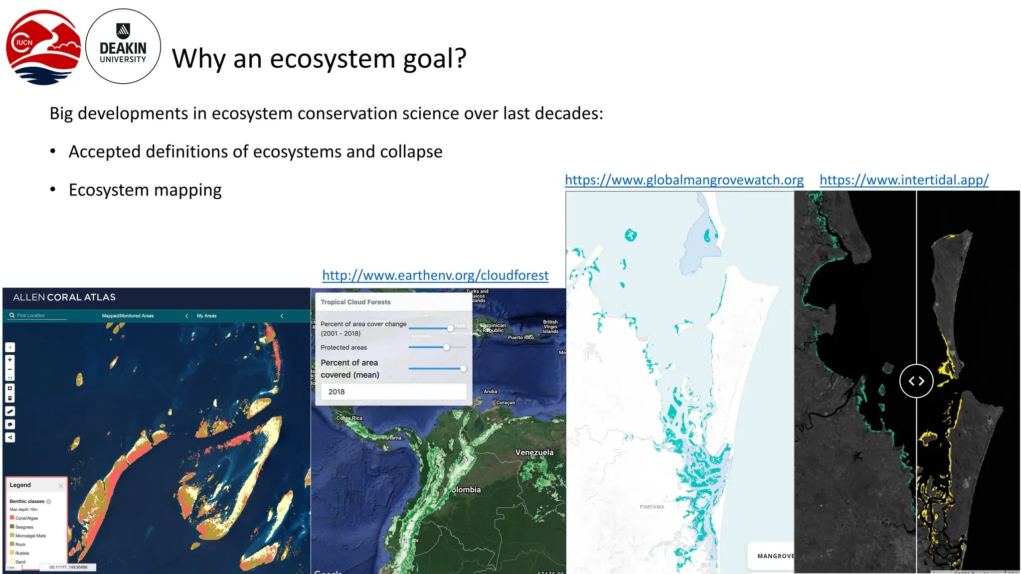 Why an ecosystem goal?
Big developments in ecosystem conservation science over last decades:
• Accepted definitions of ecosystems and collapse
• Ecosystem mapping
https://www.intertidal.app/
https://www.globalmangrovewatch.org
http://www.earthenv.org/cloudforest
 