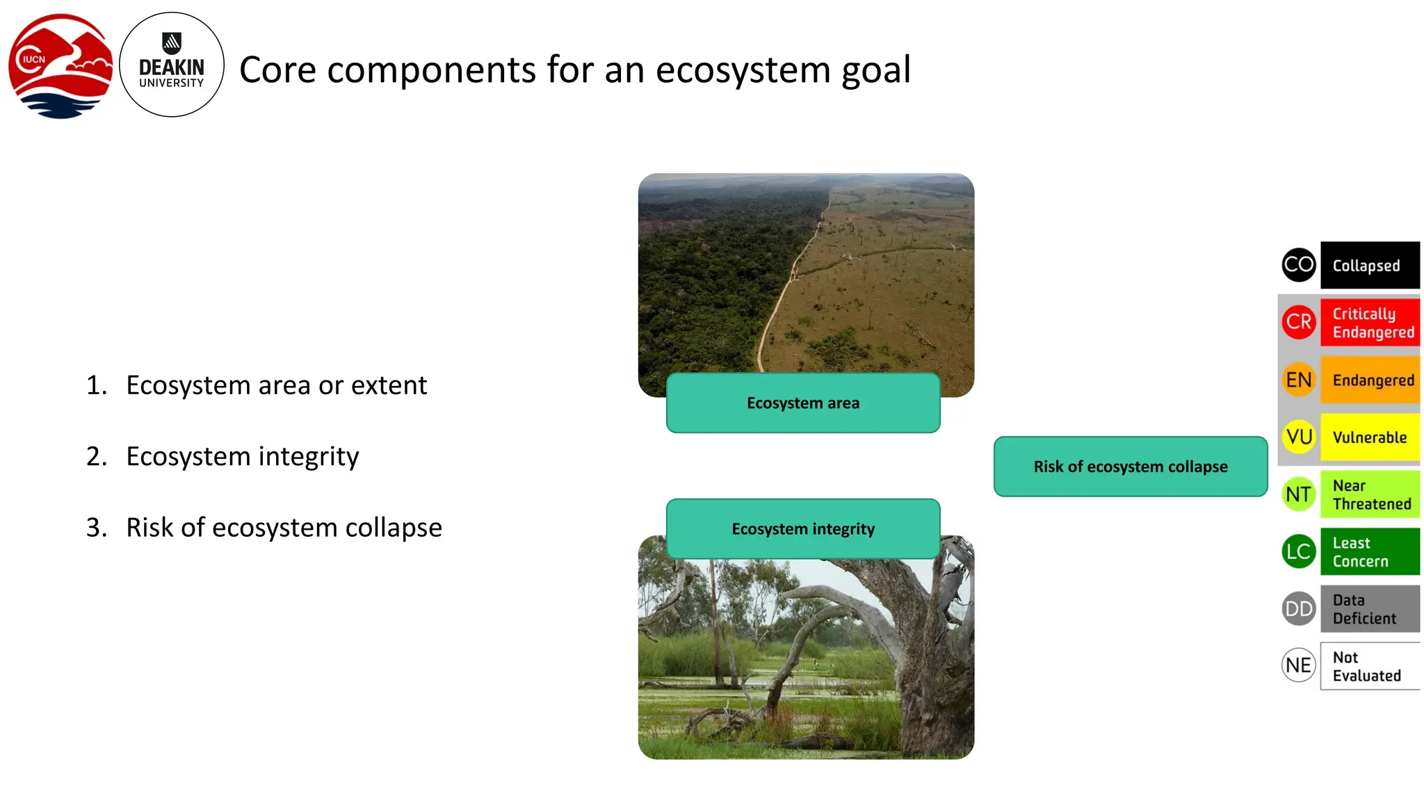Core components for an ecosystem goal
Ecosystem area
Ecosystem integrity
Risk of ecosystem collapse
1. Ecosystem area or extent
2. Ecosystem integrity
3. Risk of ecosystem collapse
 
