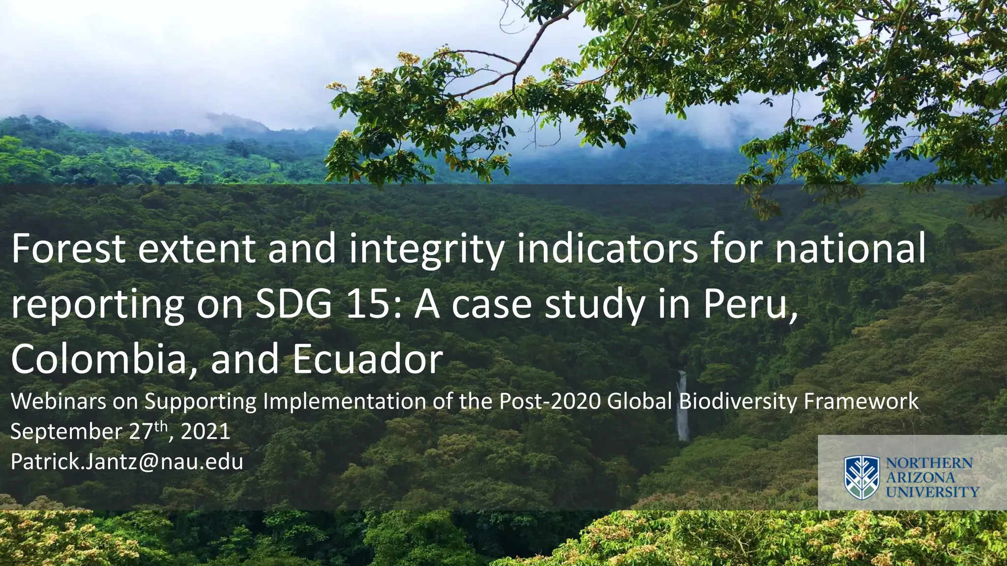 Forest extent and integrity indicators for national
reporting on SDG 15: A case study in Peru,
Colombia, and Ecuador
Webinars on Supporting Implementation of the Post-2020 Global Biodiversity Framework
September 27th, 2021
Patrick.Jantz@nau.edu
 