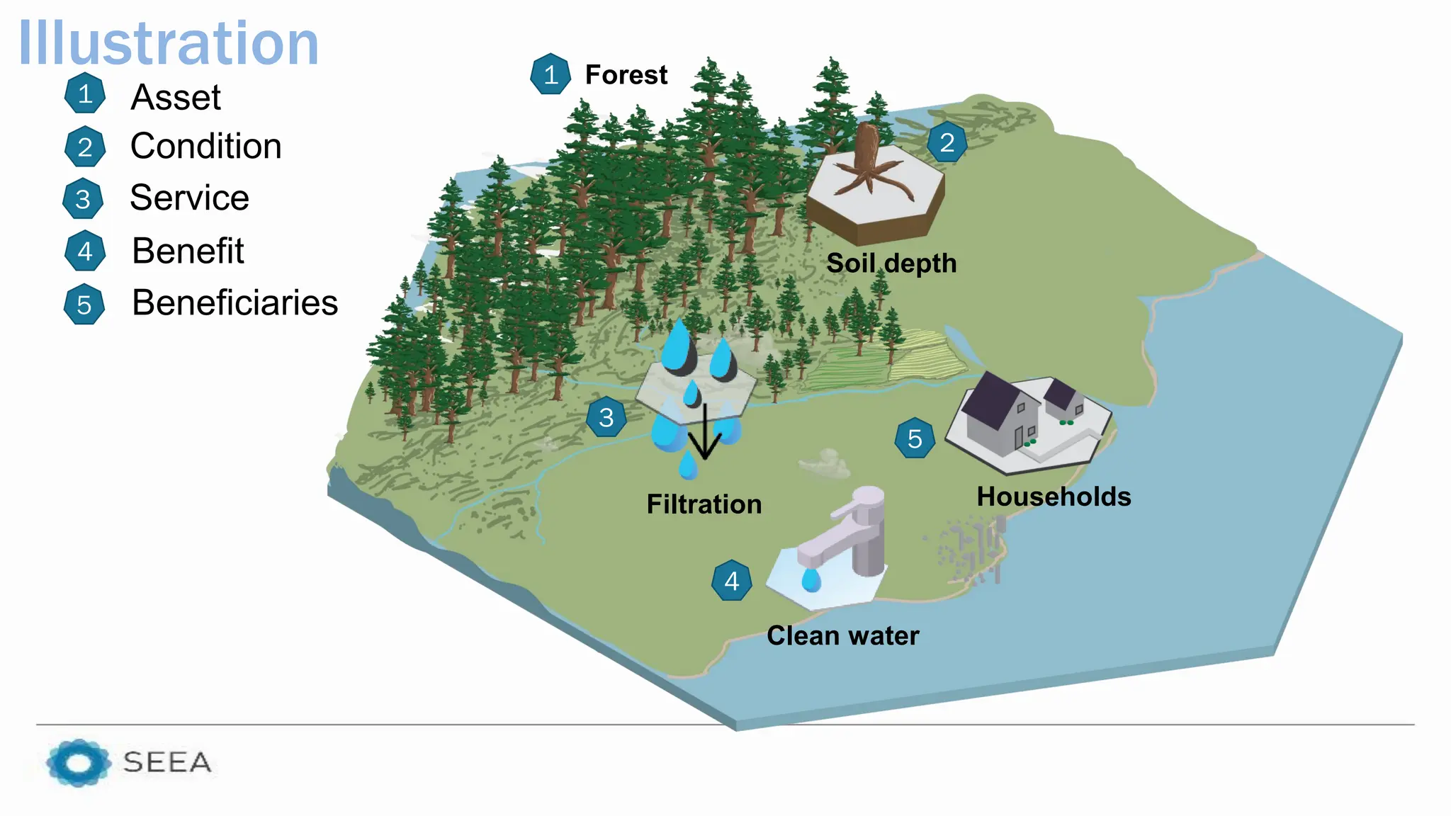 Filtration
Clean water
Households
Soil depth
Benefit
Forest
2
4
5
1
3
Condition
Service
Asset
Beneficiaries
1
2
3
4
5
Illustration
 
