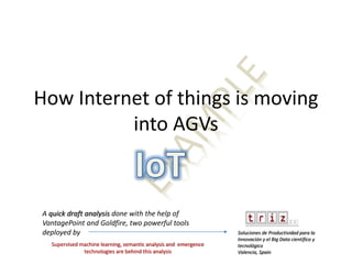 How Internet of things is moving
into AGVs
A quick draft analysis done with the help of
VantagePoint and Goldfire, two powerful tools
deployed by Soluciones de Productividad para la
Innovación y el Big Data científico y
tecnológico
Valencia, Spain
Supervised machine learning, semantic analysis and emergence
technologies are behind this analysis
 