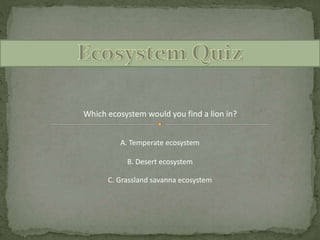 Which ecosystem would you find a lion in?
A. Temperate ecosystem
C. Grassland savanna ecosystem
B. Desert ecosystem
 