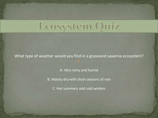 What type of weather would you find in a grassland savanna ecosystem?
A. Very rainy and humid
C. Hot summers and cold winters
B. Mainly dry with short seasons of rain
 