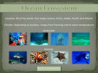 Location: All of the world. Four major oceans: Arctic, Indian, Pacific and Atlantic
Climate: Depending on location, ranges from freezing cold to warm temperatures
Landscape:
Animals:
Back to ecosystems
 