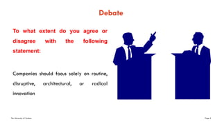 The University of Sydney Page 5
Debate
To what extent do you agree or
disagree with the following
statement:
Companies should focus solely on routine,
disruptive, architectural, or radical
innovation
 