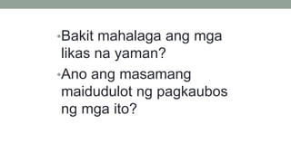 •Bakit mahalaga ang mga
likas na yaman?
•Ano ang masamang
maidudulot ng pagkaubos
ng mga ito?
 