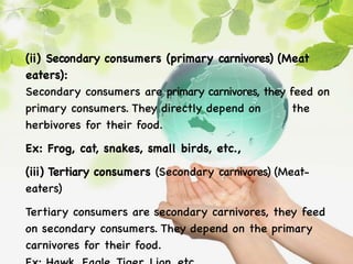(ii) Secondary consumers (primary carnivores) (Meat
eaters):
Secondary consumers are primary carnivores, they feed on
primary consumers. They directly depend on the
herbivores for their food.
Ex: Frog, cat, snakes, small birds, etc.,
(iii) Tertiary consumers (Secondary carnivores) (Meat-
eaters)
Tertiary consumers are secondary carnivores, they feed
on secondary consumers. They depend on the primary
carnivores for their food.
 