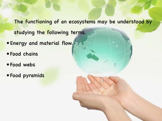 The functioning of an ecosystems may be understood by
studying the following terms.
• Energy and material flow.
• Food chains
• Food webs
• Food pyramids
 
