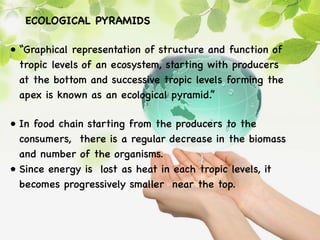 ECOLOGICAL PYRAMIDS
• “Graphical representation of structure and function of
tropic levels of an ecosystem, starting with producers
at the bottom and successive tropic levels forming the
apex is known as an ecological pyramid.”
• In food chain starting from the producers to the
consumers, there is a regular decrease in the biomass
and number of the organisms.
• Since energy is lost as heat in each tropic levels, it
becomes progressively smaller near the top.
 