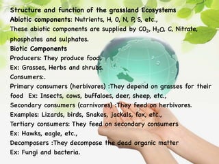 Structure and function of the grassland Ecosystems
Abiotic components: Nutrients, H, 0, N, P
, S, etc.,
These abiotic components are supplied by C02, H2O, C, Nitrate,
phosphates and sulphates.
Biotic Components
Producers: They produce food.
Ex: Grasses, Herbs and shrubs.
Consumers:.
Primary consumers (herbivores) :They depend on grasses for their
food Ex: Insects, cows, buffaloes, deer, sheep, etc.,
Secondary consumers (carnivores) :They feed on herbivores.
Examples: Lizards, birds, Snakes, jackals, fox, etc.,
Tertiary consumers: They feed on secondary consumers
Ex: Hawks, eagle, etc.,
Decomposers :They decompose the dead organic matter
Ex: Fungi and bacteria.
 