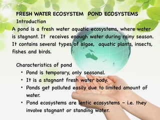 FRESH WATER ECOSYSTEM POND ECOSYSTEMS
Introduction
A pond is a fresh water aquatic ecosystems, where water
is stagnant. It receives enough water during rainy season.
It contains several types of algae, aquatic plants, insects,
fishes and birds.
Characteristics of pond
• Pond is temporary, only seasonal.
• It is a stagnant fresh water body.
• Ponds get polluted easily due to limited amount of
water.
• Pond ecosystems are lentic ecosystems – i.e. they
involve stagnant or standing water.
 