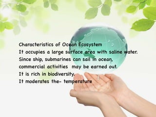 Characteristics of Ocean Ecosystem
It occupies a large surface area with saline water.
Since ship, submarines can sail in ocean,
commercial activities may be earned out.
It is rich in biodiversity.
It moderates the- temperature
 