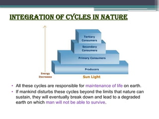 Integration of Cycles in Nature
• All these cycles are responsible for maintenance of life on earth.
• If mankind disturbs these cycles beyond the limits that nature can
sustain, they will eventually break down and lead to a degraded
earth on which man will not be able to survive.
 