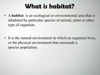 • A habitat is an ecological or environmental area that is
inhabited by particular species of animal, plant or other
type of organism.
• It is the natural environment in which an organism lives,
or the physical environment that surrounds a
species population.
What is habitat?
 