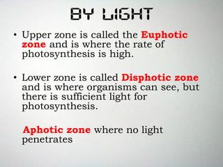 By light
• Upper zone is called the Euphotic
zone and is where the rate of
photosynthesis is high.
• Lower zone is called Disphotic zone
and is where organisms can see, but
there is sufficient light for
photosynthesis.
Aphotic zone where no light
penetrates.
 
