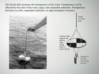 The Secchi disk measures the transparency of the water. Transparency can be
affected by the color of the water, algae, and suspended sediments. Transparency
decreases as color, suspended sediments, or algal abundance increases.
 