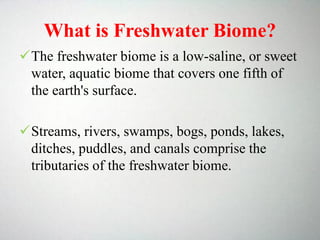 What is Freshwater Biome?
The freshwater biome is a low-saline, or sweet
water, aquatic biome that covers one fifth of
the earth's surface.
Streams, rivers, swamps, bogs, ponds, lakes,
ditches, puddles, and canals comprise the
tributaries of the freshwater biome.
 