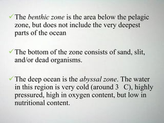 The benthic zone is the area below the pelagic
zone, but does not include the very deepest
parts of the ocean
The bottom of the zone consists of sand, slit,
and/or dead organisms.
The deep ocean is the abyssal zone. The water
in this region is very cold (around 3 C), highly
pressured, high in oxygen content, but low in
nutritional content.
 