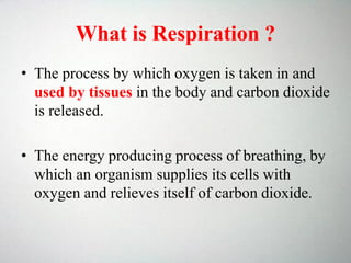 What is Respiration ?
• The process by which oxygen is taken in and
used by tissues in the body and carbon dioxide
is released.
• The energy producing process of breathing, by
which an organism supplies its cells with
oxygen and relieves itself of carbon dioxide.
 
