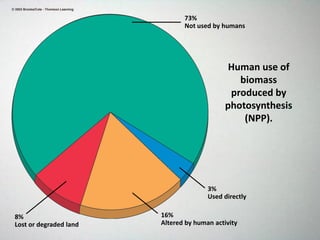 73%
Not used by humans
8%
Lost or degraded land
16%
Altered by human activity
3%
Used directly
Human use of
biomass
produced by
photosynthesis
(NPP).
 