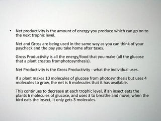 • Net productivity is the amount of energy you produce which can go on to
the next trophic level.
Net and Gross are being used in the same way as you can think of your
paycheck and the pay you take home after taxes.
Gross Productivity is all the energy/food that you make (all the glucose
that a plant creates fromphotosynthesis).
Net Productivity is the Gross Productivity - what the individual uses.
If a plant makes 10 molecules of glucose from photosynthesis but uses 4
molecules to grow, the net is 6 molecules that it has available.
This continues to decrease at each trophic level, if an insect eats the
plants 6 molecules of glucose, and uses 3 to breathe and move, when the
bird eats the insect, it only gets 3 molecules.
 