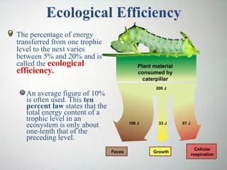Plant material
consumed by
caterpillar
200 J
The percentage of energy
transferred from one trophic
level to the next varies
between 5% and 20% and is
called the ecological
efficiency.
An average figure of 10%
is often used. This ten
percent law states that the
total energy content of a
trophic level in an
ecosystem is only about
one-tenth that of the
preceding level.
Ecological Efficiency
100 J
Feces
33 J
Growth
67 J
Cellular
respiration
 