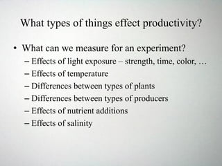What types of things effect productivity?
• What can we measure for an experiment?
– Effects of light exposure – strength, time, color, …
– Effects of temperature
– Differences between types of plants
– Differences between types of producers
– Effects of nutrient additions
– Effects of salinity
 